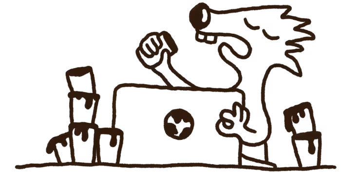 Cartoon depicts a person on a laptop facing a humorous wolf-like character shouting or talking loudly.