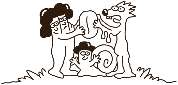 Cartoon figures including a person, child, and dog holding large chain links on grass.