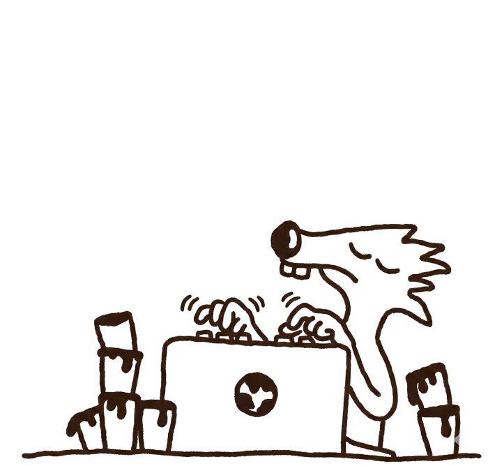 Cartoon wolf typing vigorously on a laptop surrounded by three coffee cups.