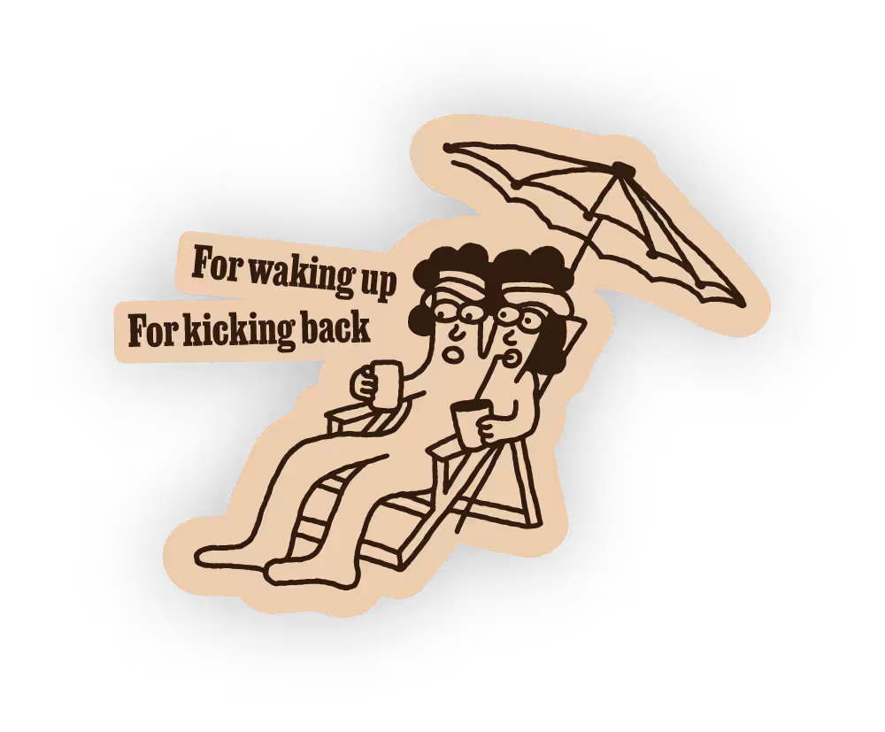 An illustration of a two headed person kicking back in an armchair with an umbrella