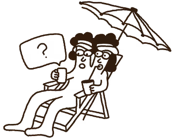Two people sitting on a lounge chair under an umbrella, one holding a phone, the other a tablet with a question mark above.