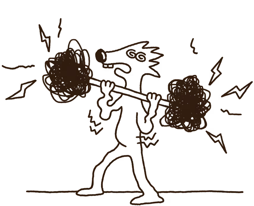 Cartoon wolf struggling to lift heavy, scribbled barbell with tense expression and shaking legs.