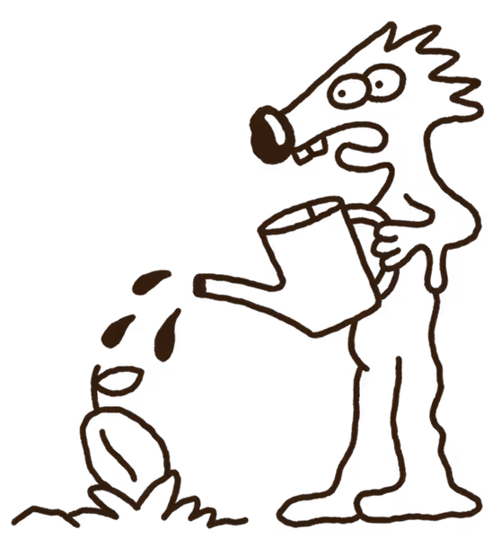 Cartoon creature watering a small plant with a watering can, drawn in simple brown lines.
