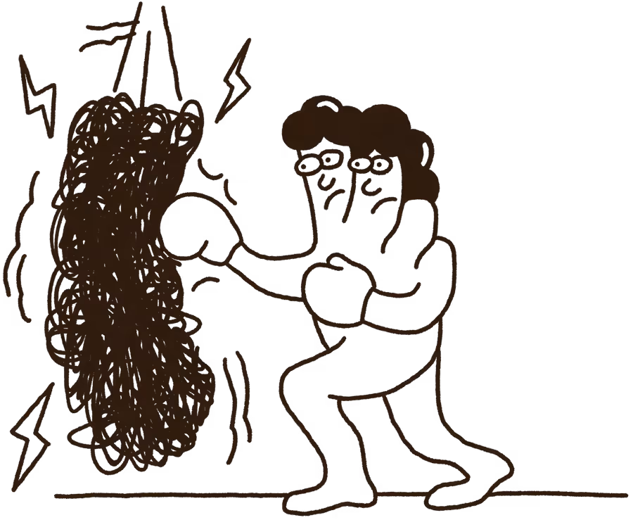 Cartoon person with three eyes punching a hanging punching bag with lightning marks around it.