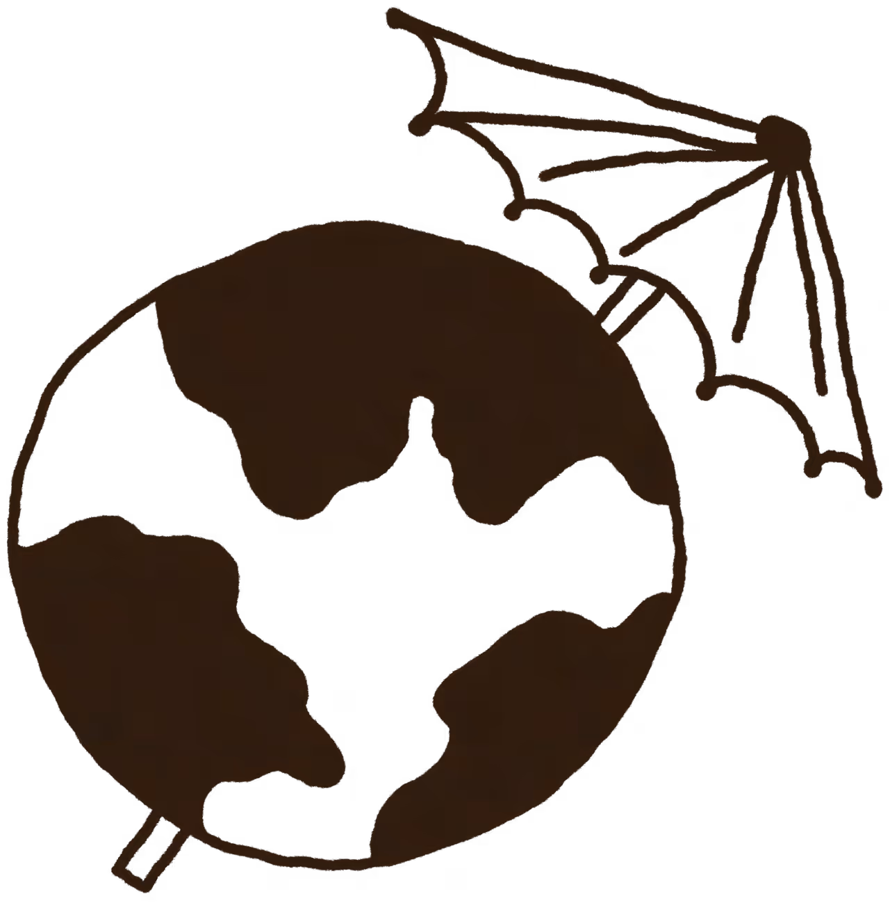 Simple brown illustration of Earth with bat wings on a black background.
