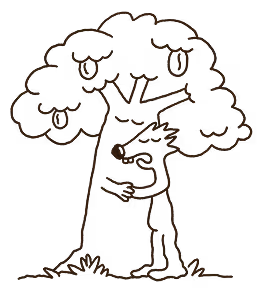 Child hugging a tree with leaves and fruit drawn in simple brown line art.
