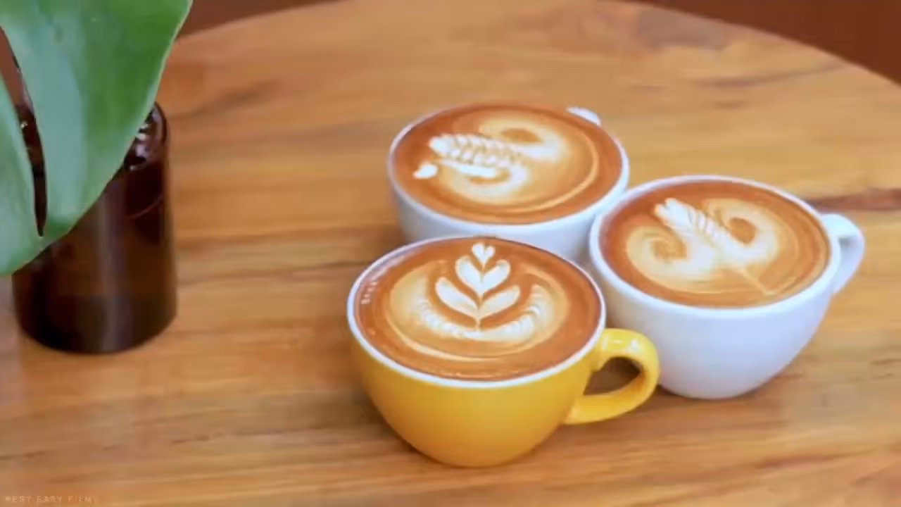 Three cups of latte art coffee on a wooden table next to a small plant in a brown vase.
