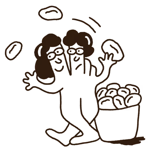 Cartoon of two-headed person juggling beans next to a bucket full of beans.