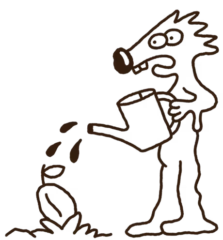 Cartoon figure watering a small plant with a watering can.