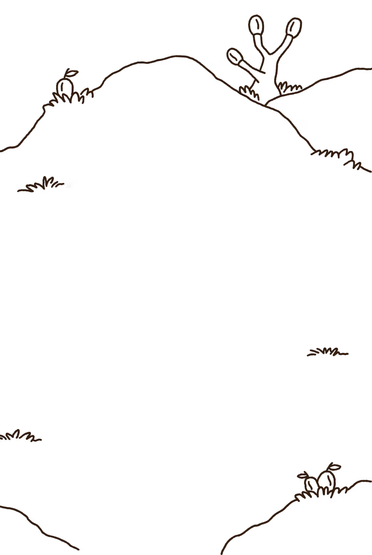Minimalist brown line drawing of hills with small plants and a seedling on black background.