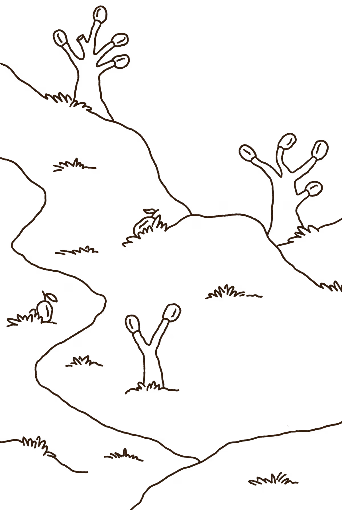 Outline of rocky terrain with grass patches and unusual three-toed plants on black background.