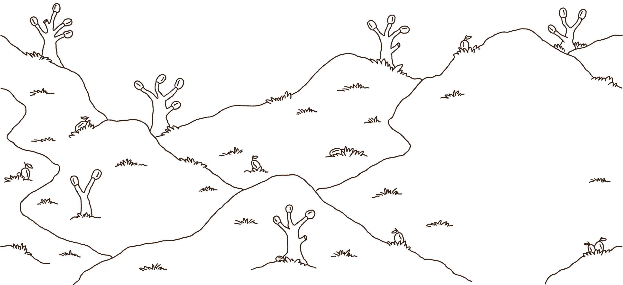 A hand-drawn landscape with trees and grass on rolling hills.