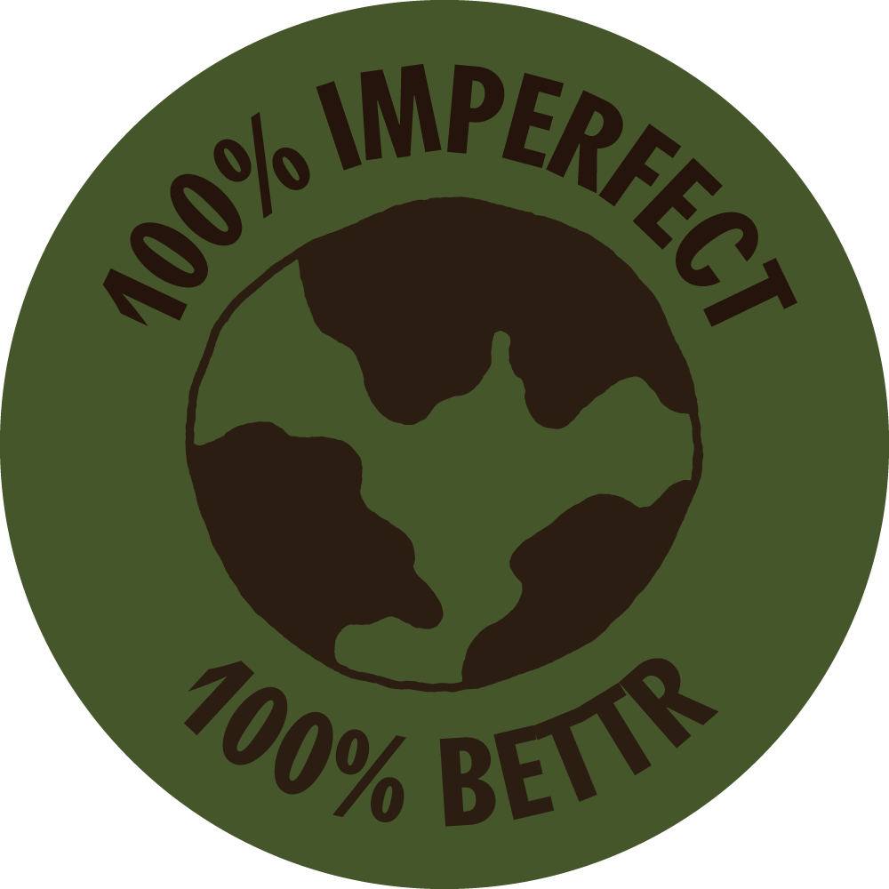 Green circular emblem with a stylized Earth in the center and text reading 100% Imperfect 100% Bettr.