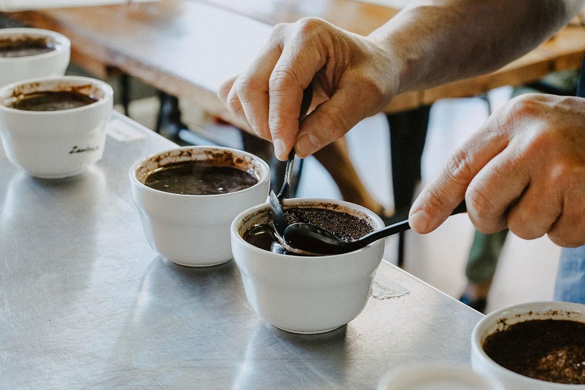 Hands holding spoons, tasting multiple cups of black coffee on a metal table.