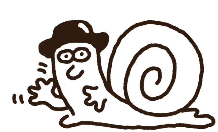 Cartoon snail wearing a hat, waving with a smile and a spiral shell on its back.