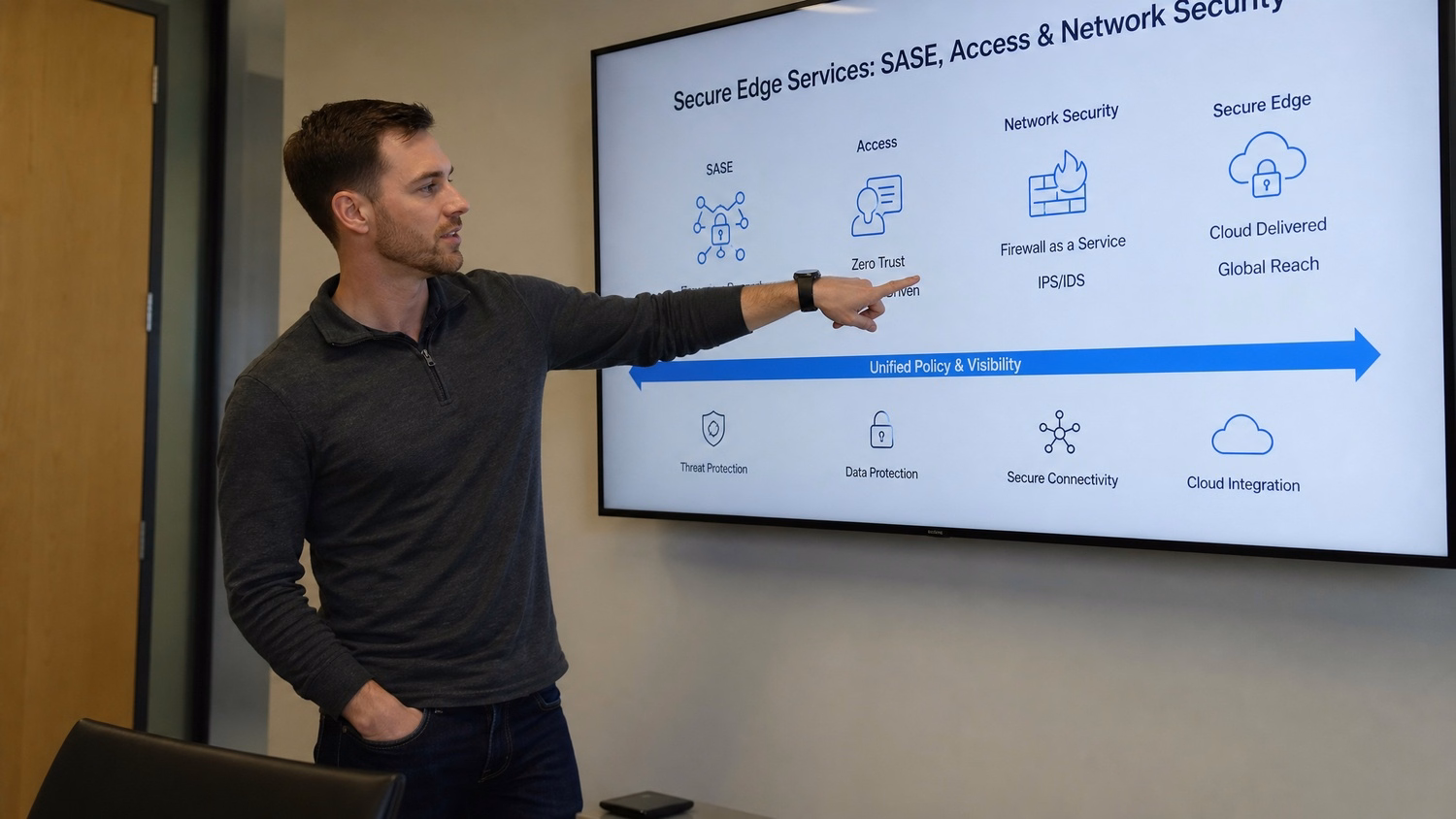 PRESENTATION SCREEN An IT professional one person standing beside a large wa