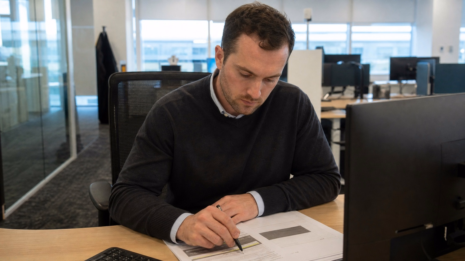 FOCUSED READING An IT professional one person seated at a desk reading print