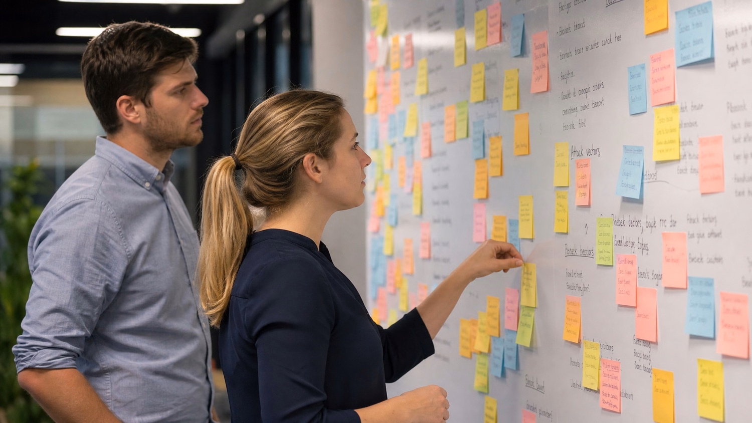 STICKY NOTE WALL An IT professional two people standing at a wall covered wi