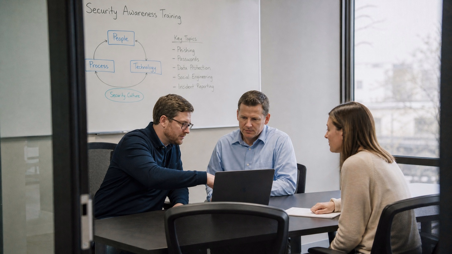 SMALL CONFERENCE ROOM An IT professional three people seated around a small