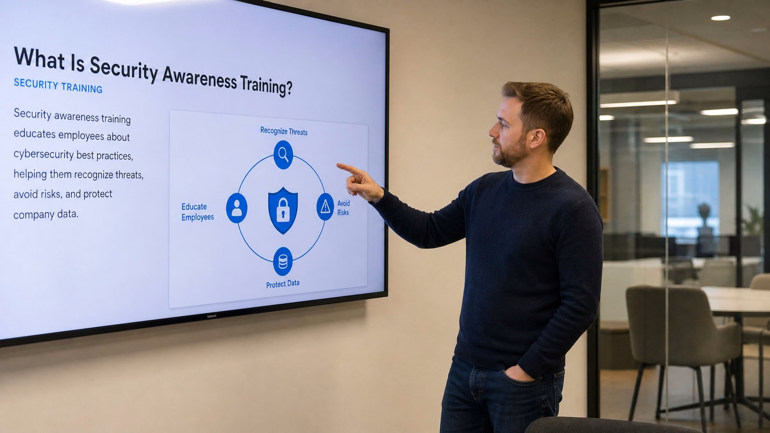 PRESENTATION SCREEN An IT professional one person standing beside a large wa