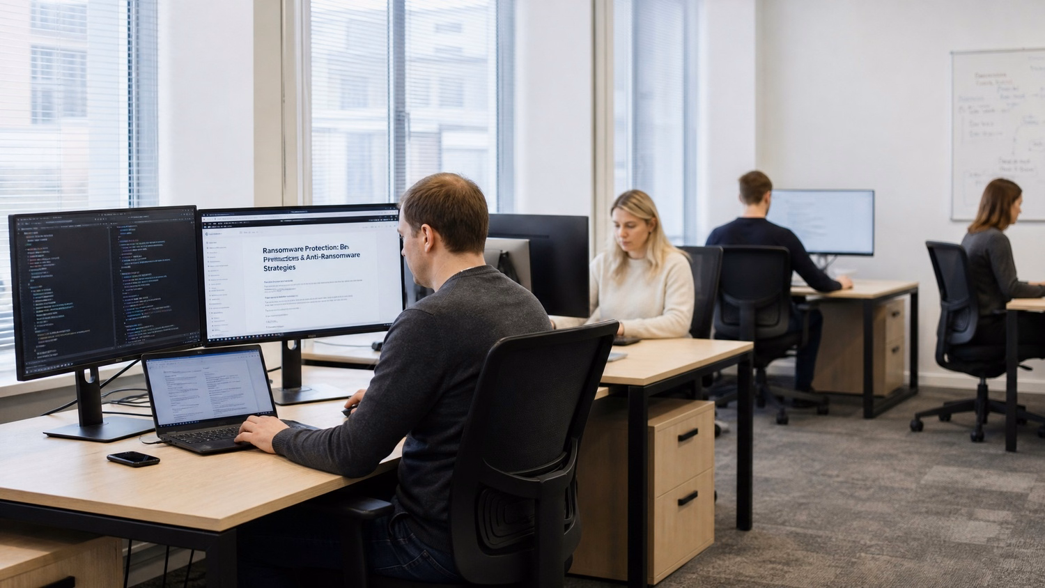 OPEN PLAN WIDE An IT professional wide shot of three or four people at separ