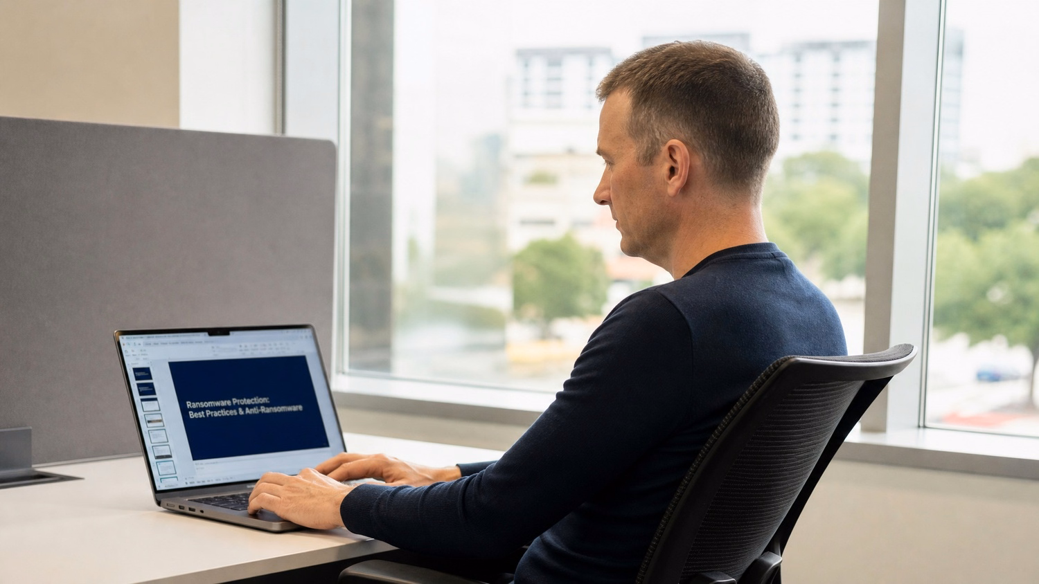 WINDOW SEAT LAPTOP An IT professional one person working on a laptop at a de