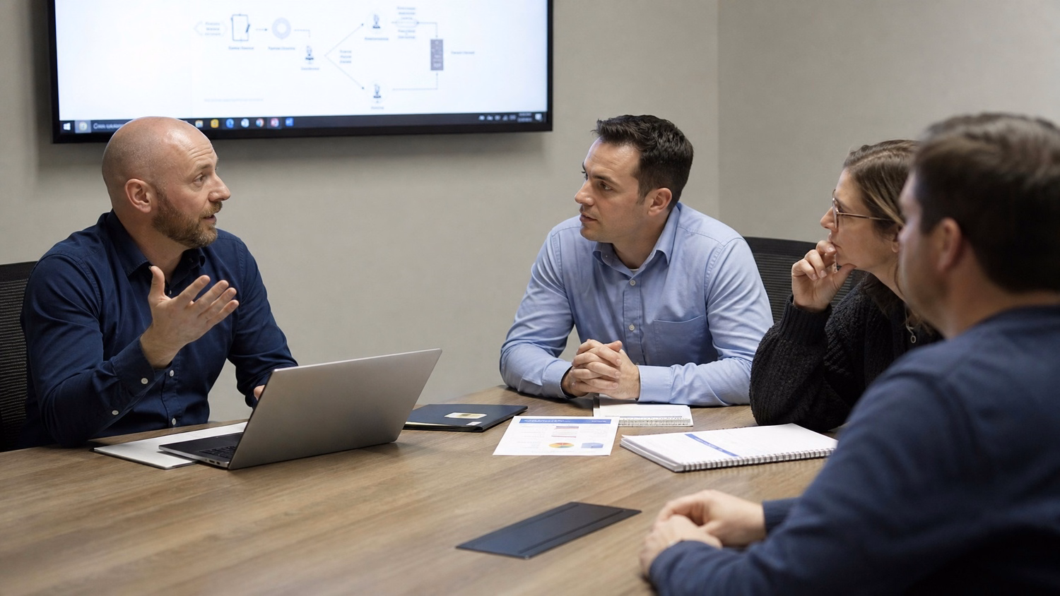 MEETING TABLE An IT professional two to four people seated around a meeting