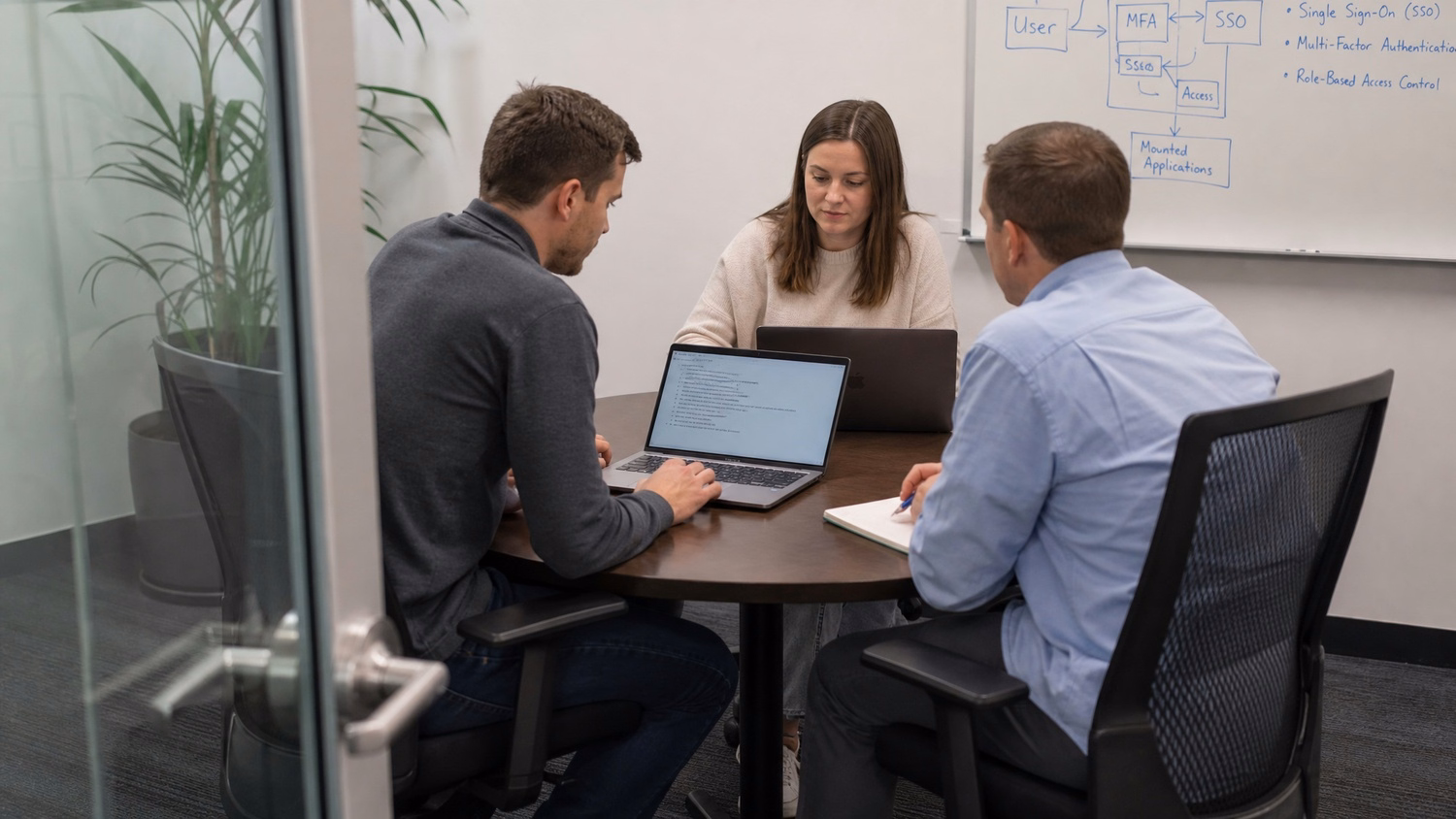 SMALL CONFERENCE ROOM An IT professional three people seated around a small