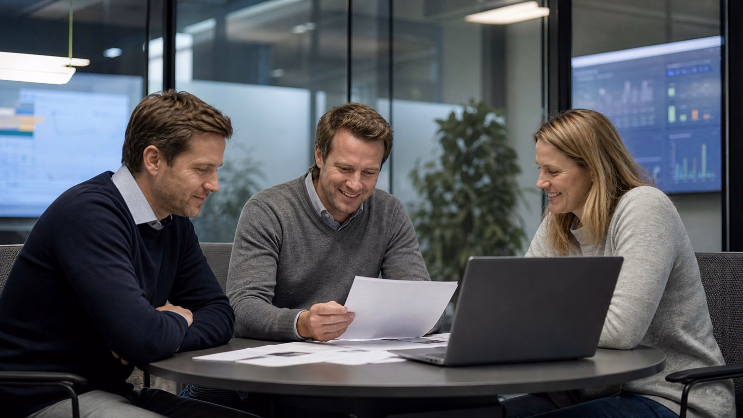 Lawyers review documents and laptop in conference room