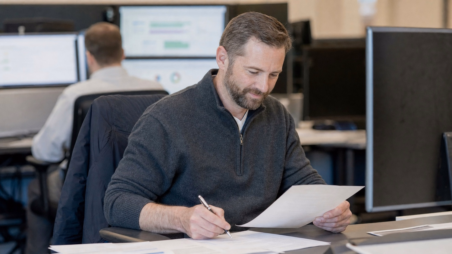 Lawyer reviewing documents, pen in hand at desk