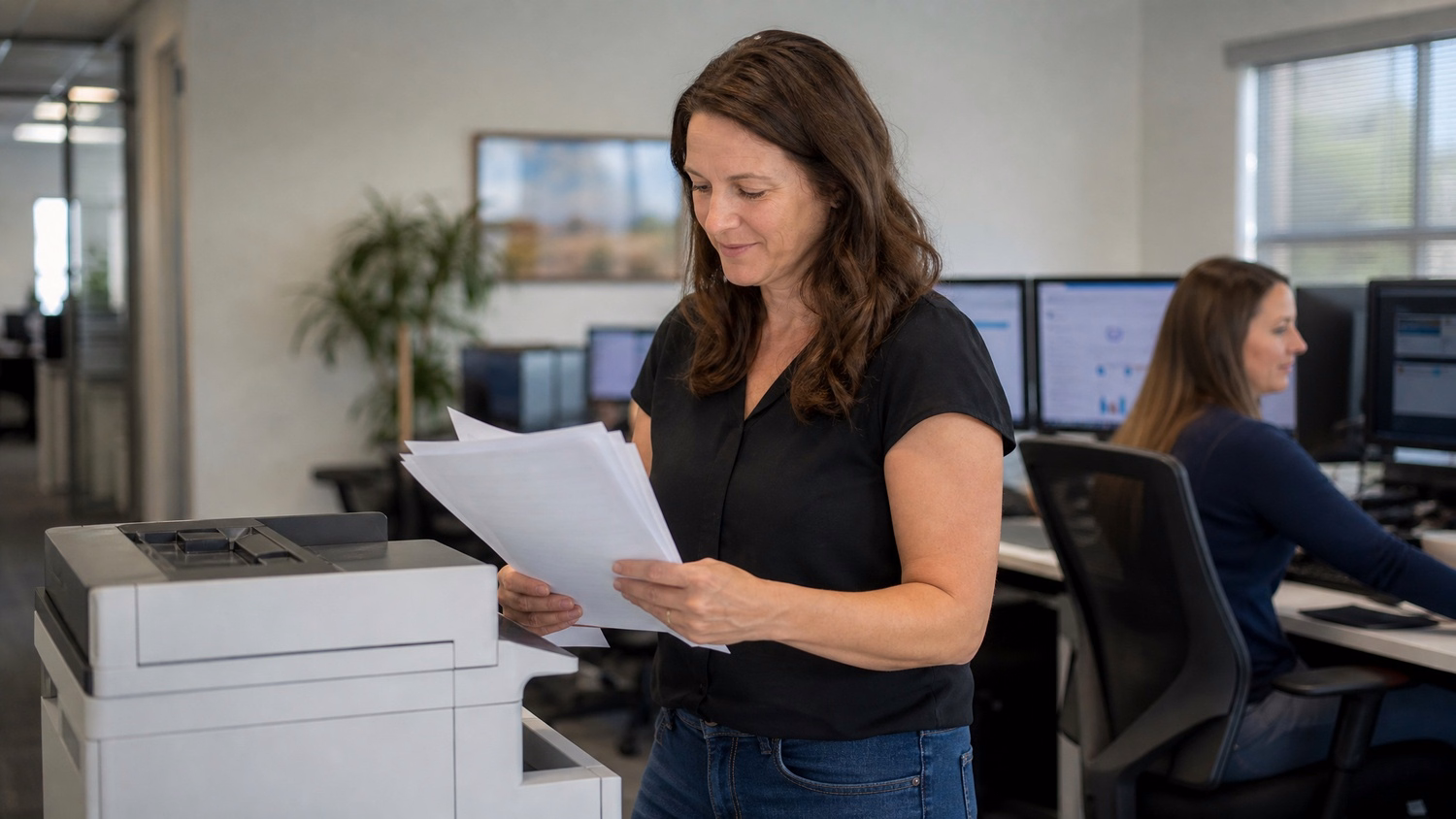 Woman collecting printed documents from multifunction printer 63