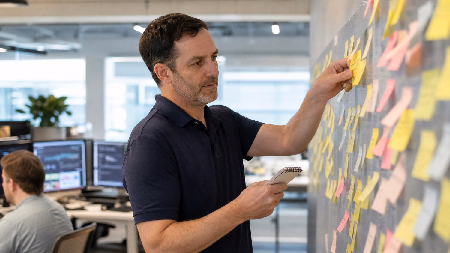 Man adds sticky note to wall, referencing notepad