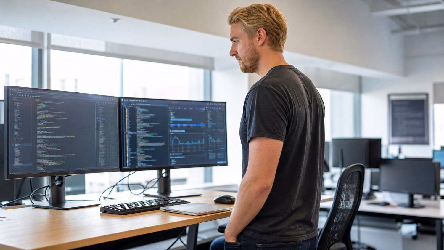 Man reviewing code on dual monitors at desk