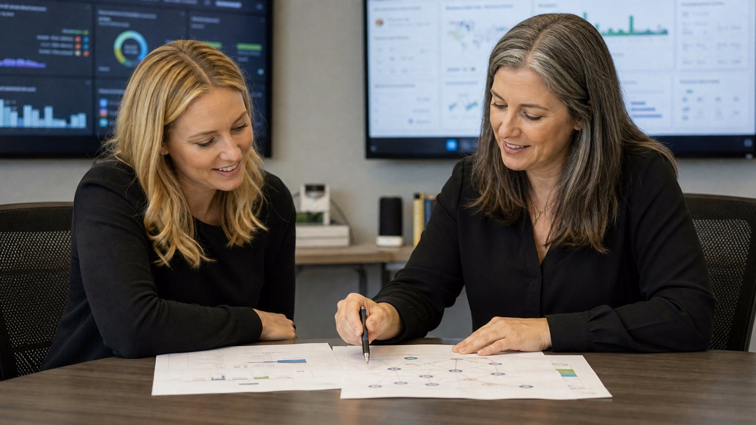 Women review network diagrams at business meeting table