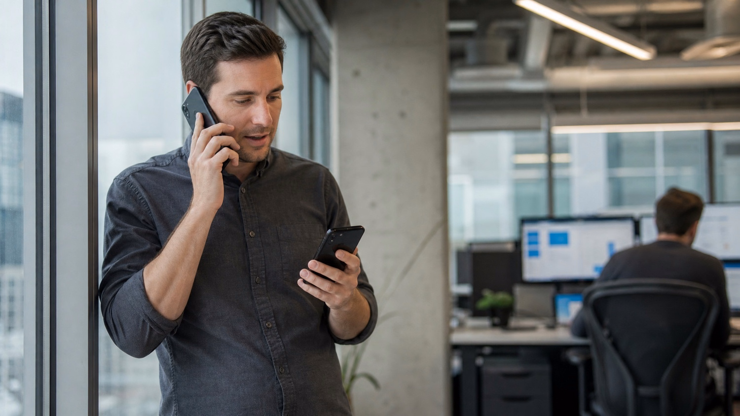 Man on phone, leaning on window, discussing secure login 63 chars