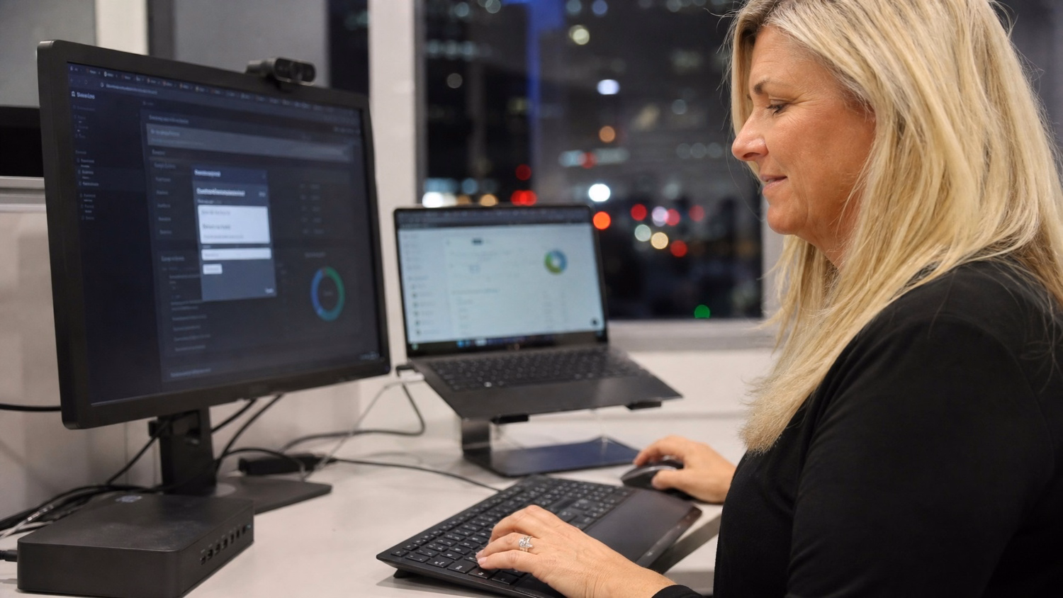 Woman at desk generating strong password on laptop screen