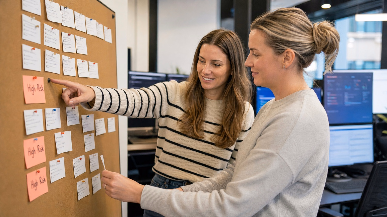 Women plan password security using index cards on pinboard
