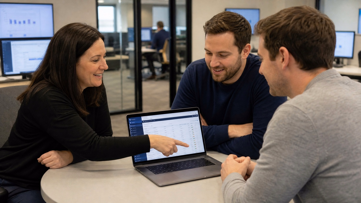 Colleagues review data at breakout table, pointing