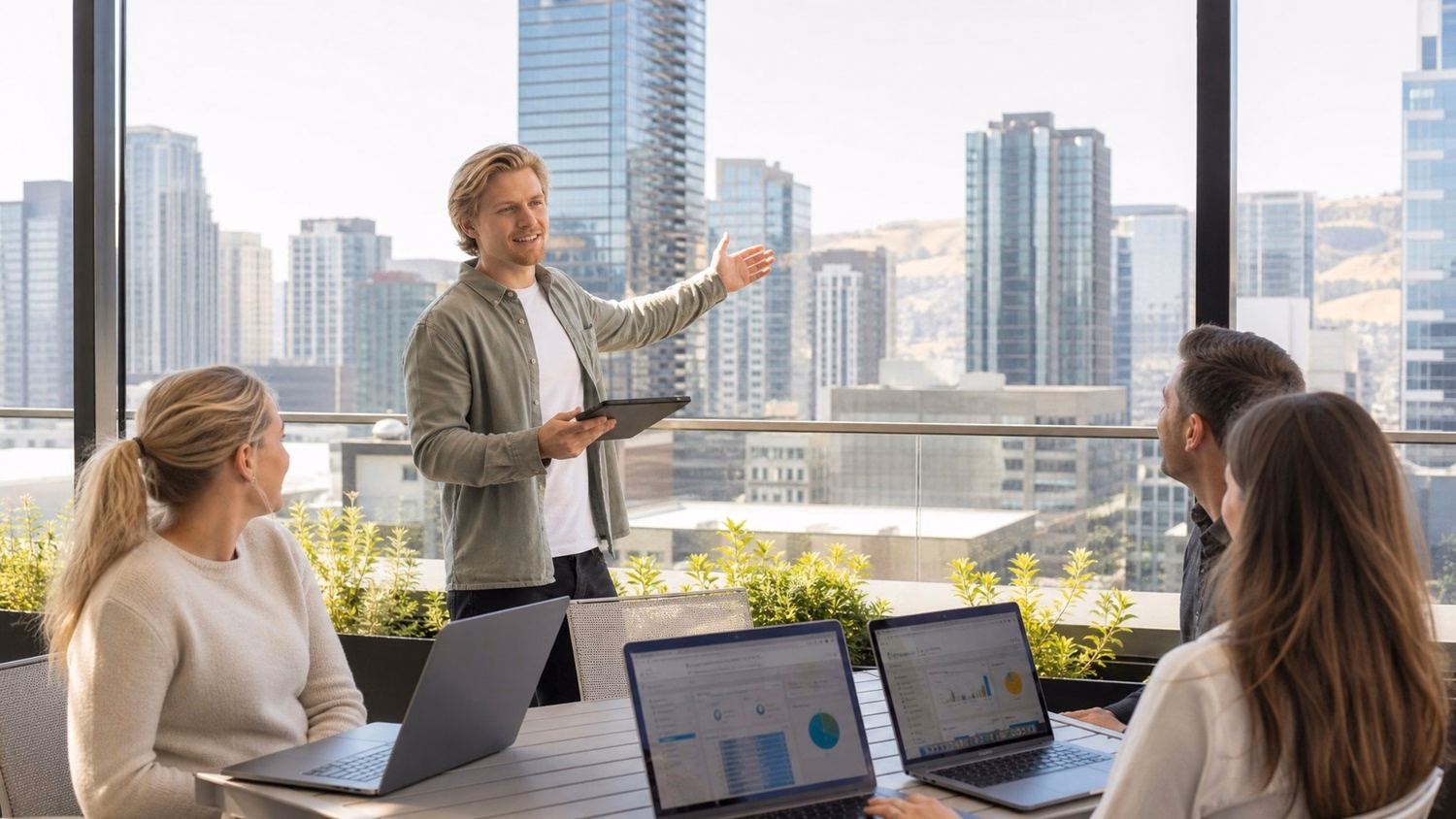 Man on terrace discusses access permissions on tablet 59 chars