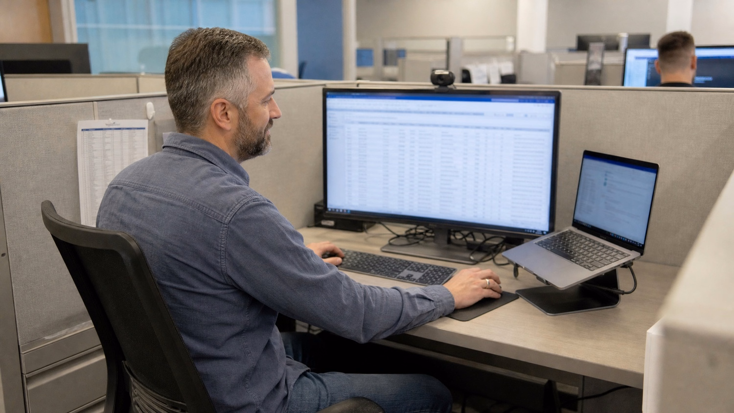 Man in cubicle reviews software license spreadsheet on monitor 74