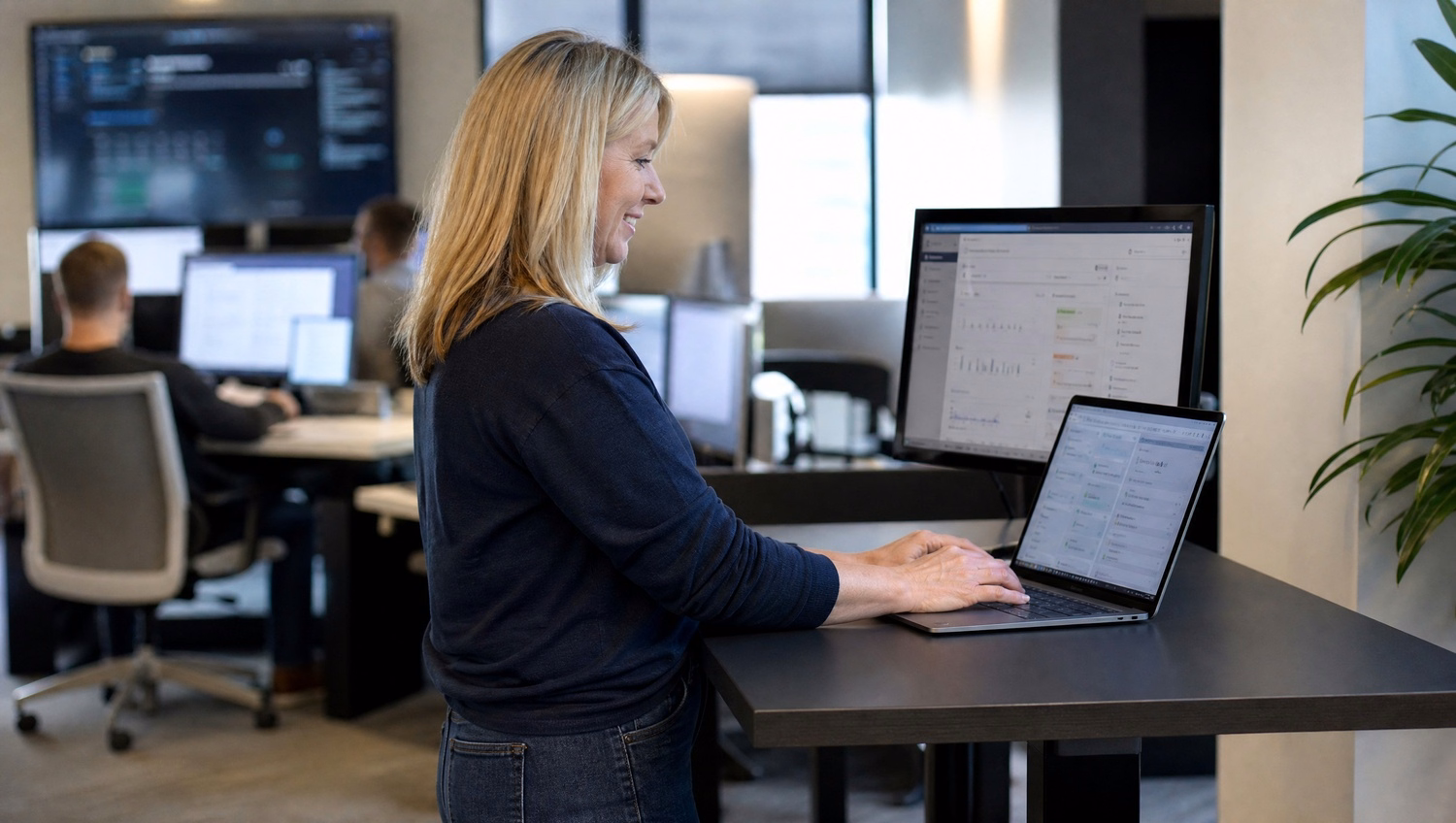Woman configures AI email threat detection rule on laptop screen