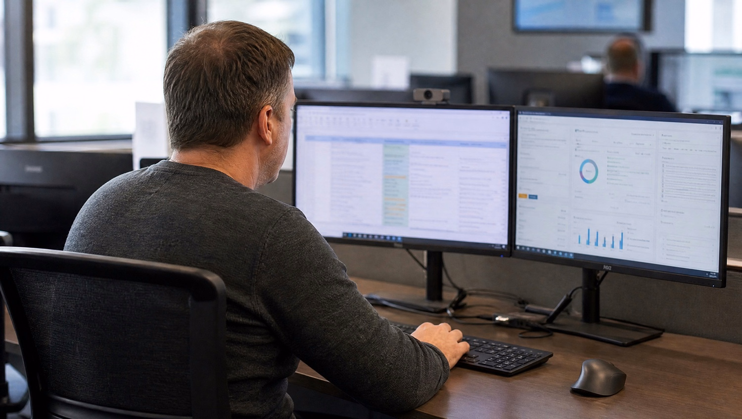 Man points at wall screen showing real-time threat intelligence 68