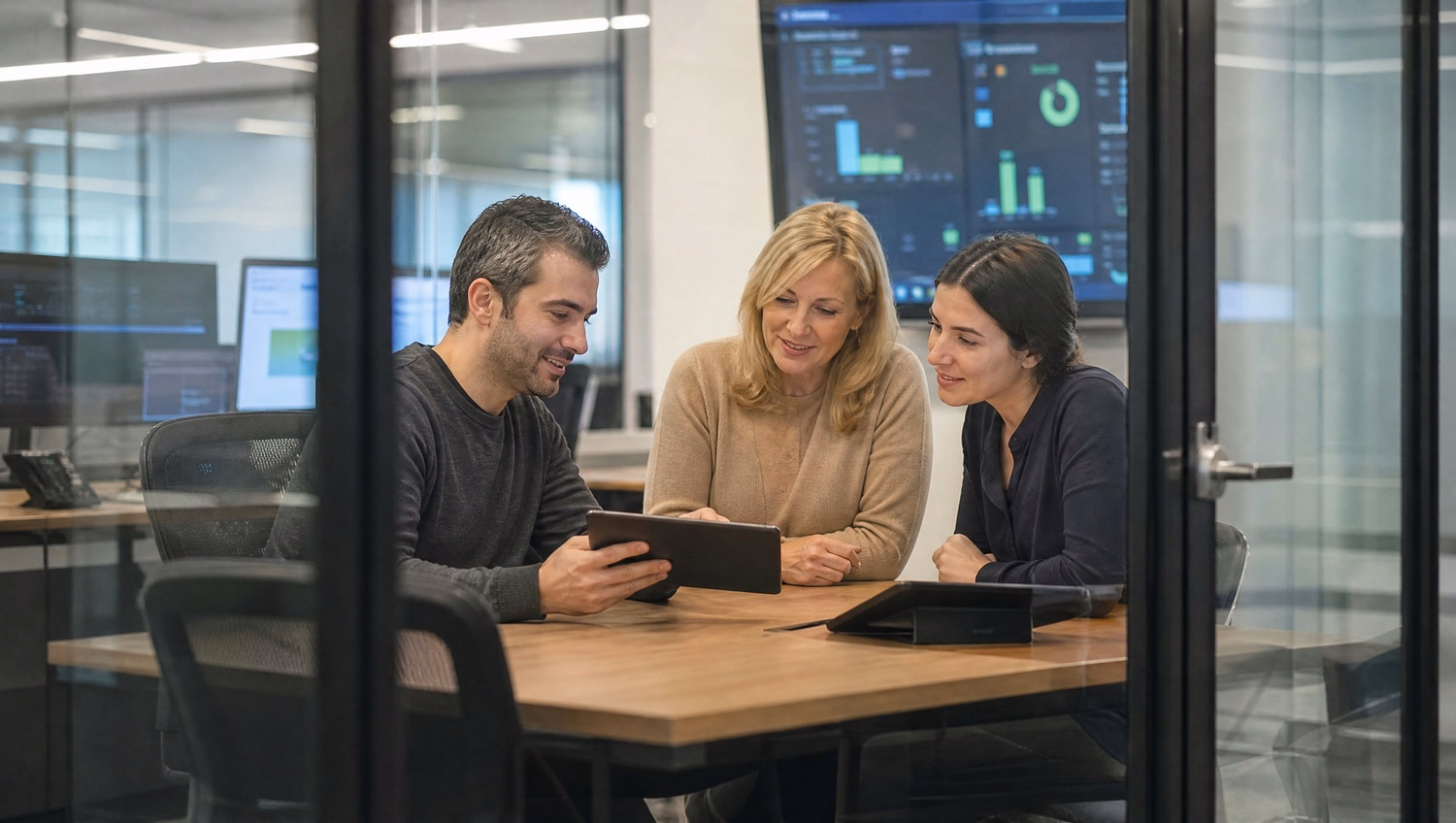 IT team huddles around tablet in glass meeting room 60 chars