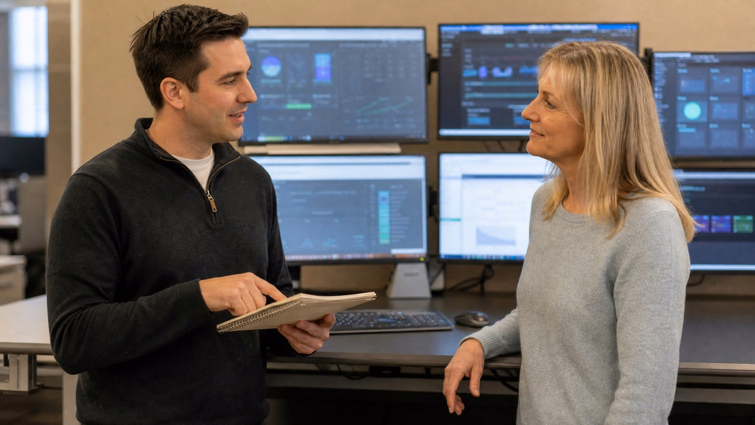 Colleagues discuss MFA methods in breakroom setting
