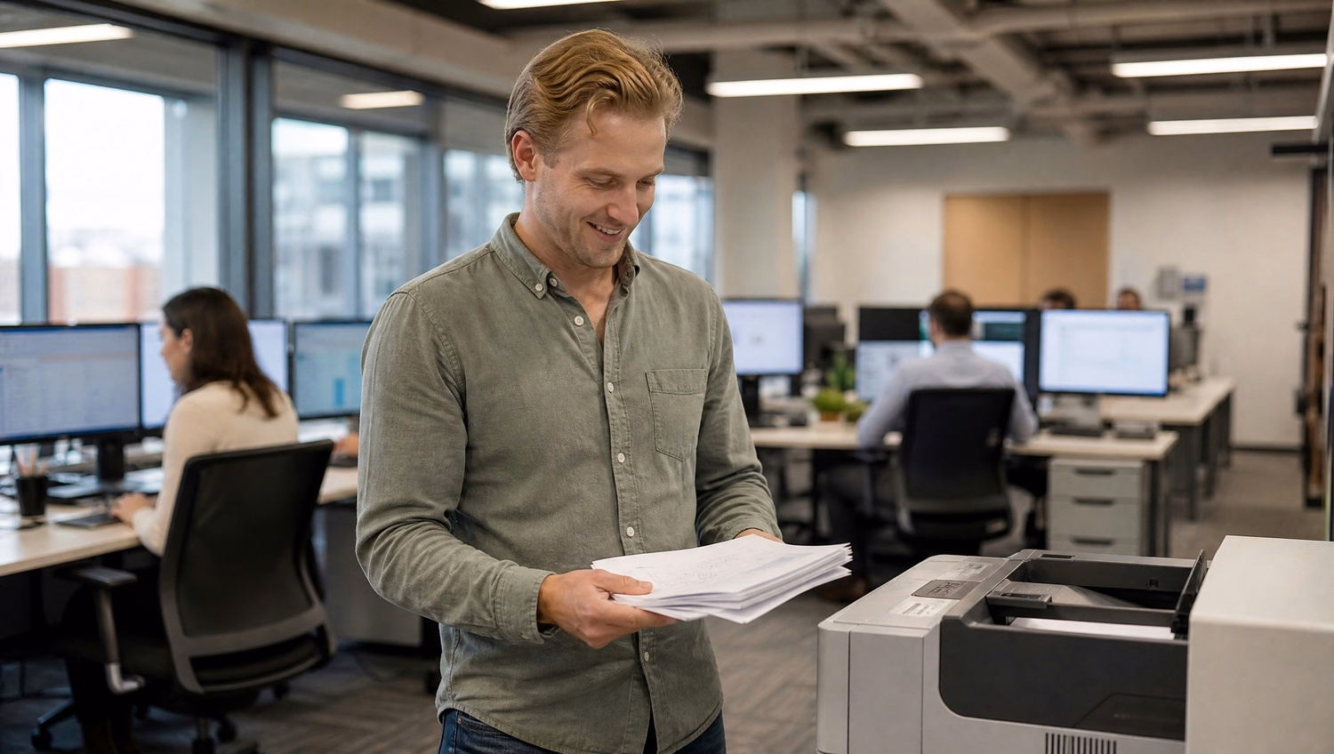 Man collecting printouts from office printer 46