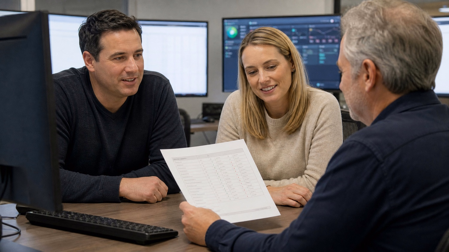 Business meeting with report, man and woman facing advisor 64