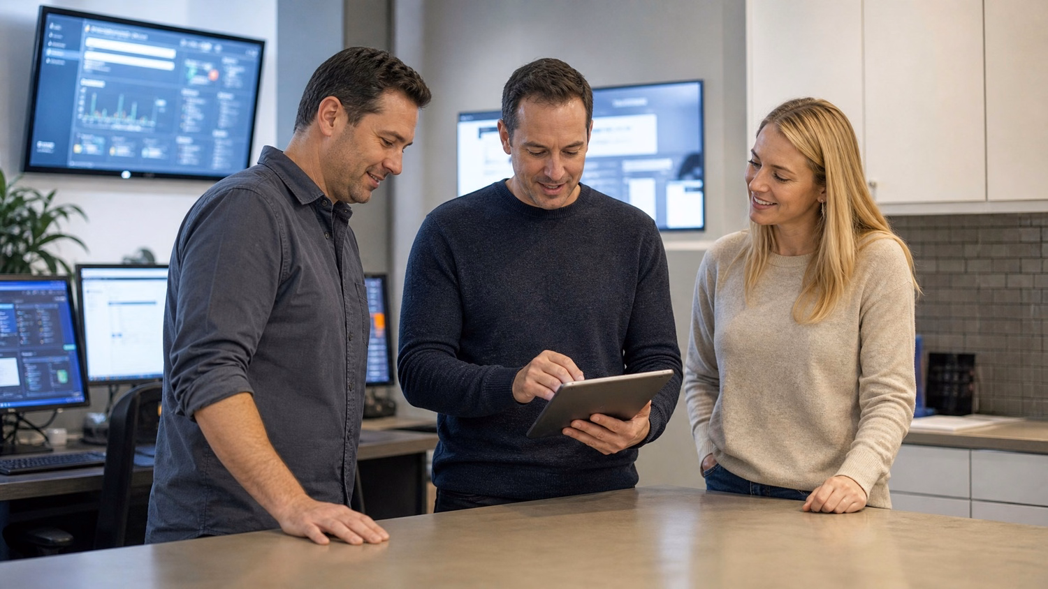 Office team huddle around kitchen island discussing firewall 66 chars