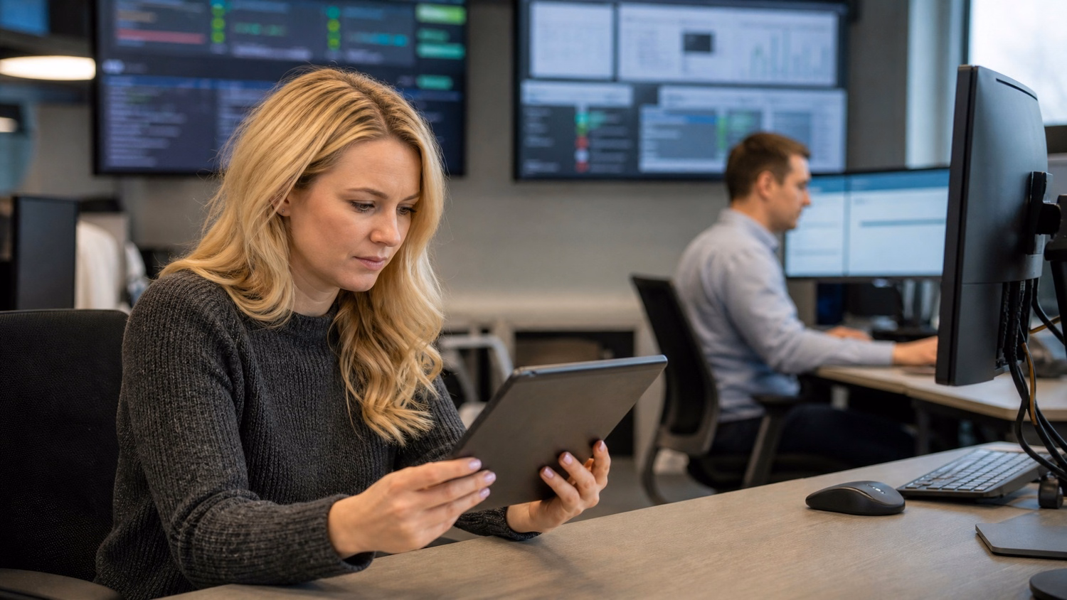 Woman reviews disaster recovery plan on tablet 57 chars