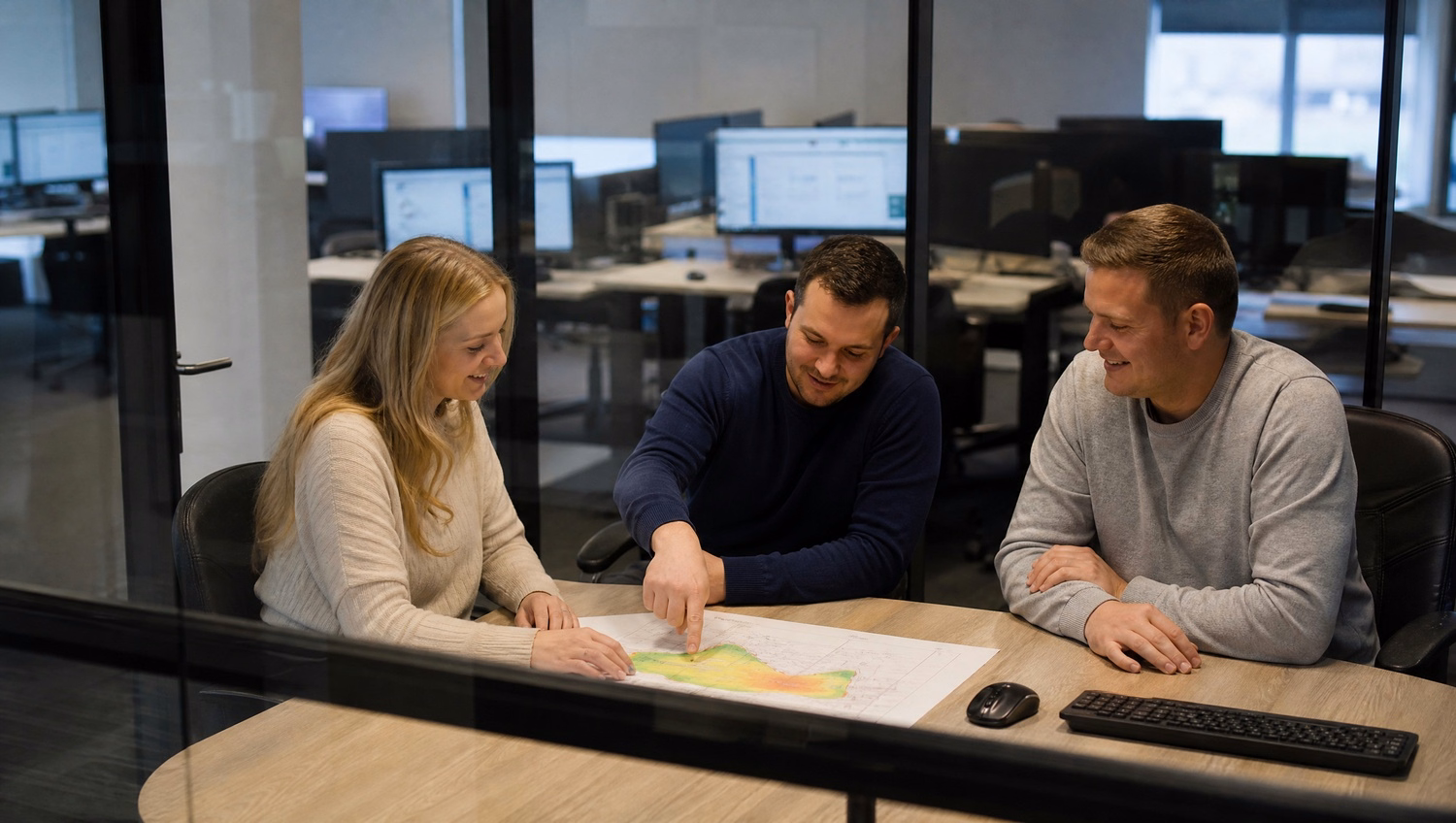 Team reviewing wireless site survey maps in glass room