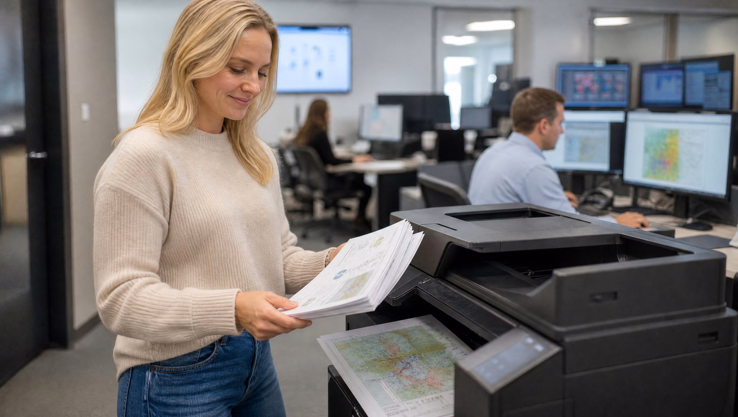 Woman collecting RF planning documents from business printer 61 chars
